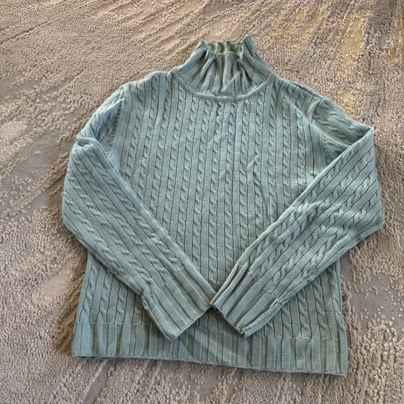 Ronit Zilkha Cashmere wool cableknit turtleneck crop blue teal sweater small - Picture 4 of 11